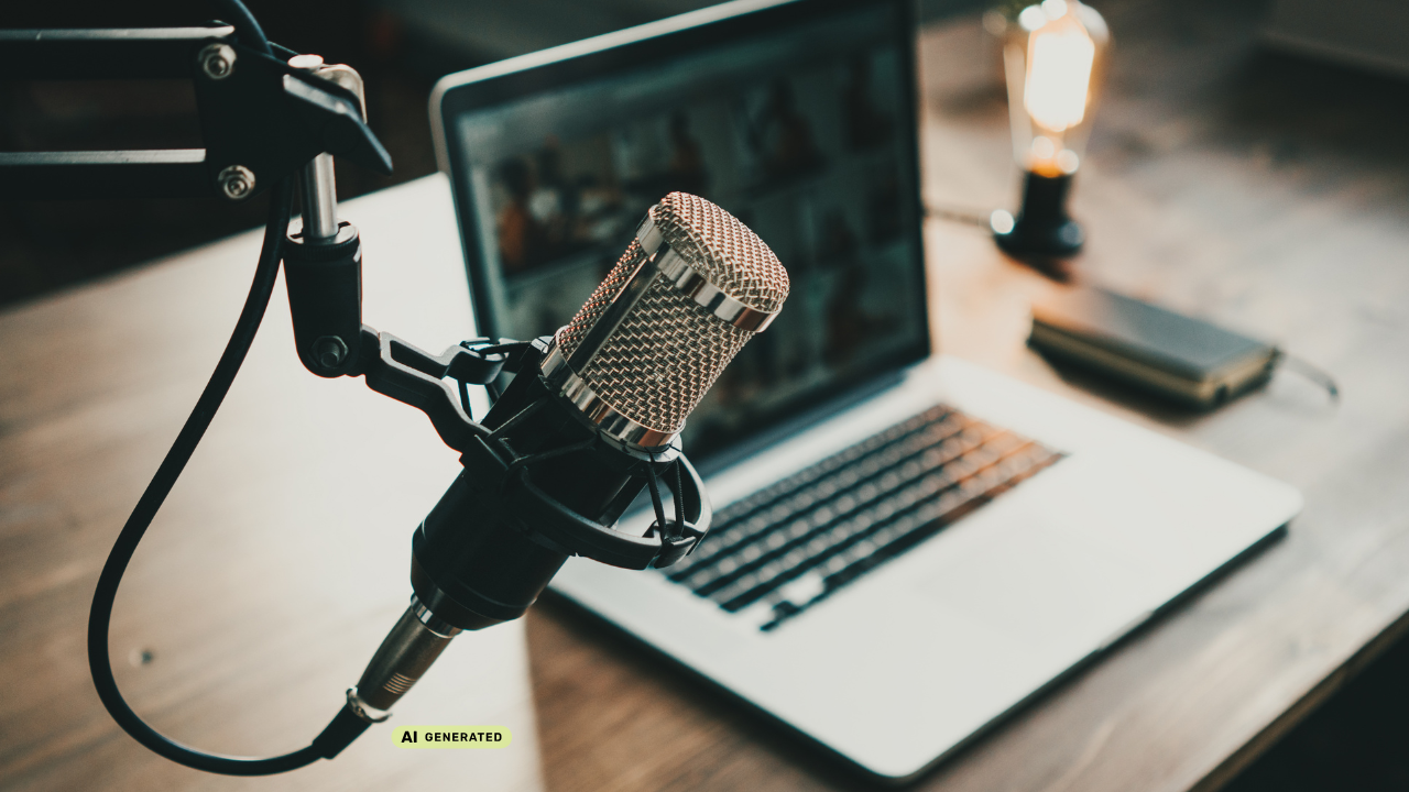 Studio für Podcast-Aufnahmen, closeup auf Mikrofon