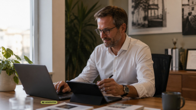 Mann arbeitet am Laptop